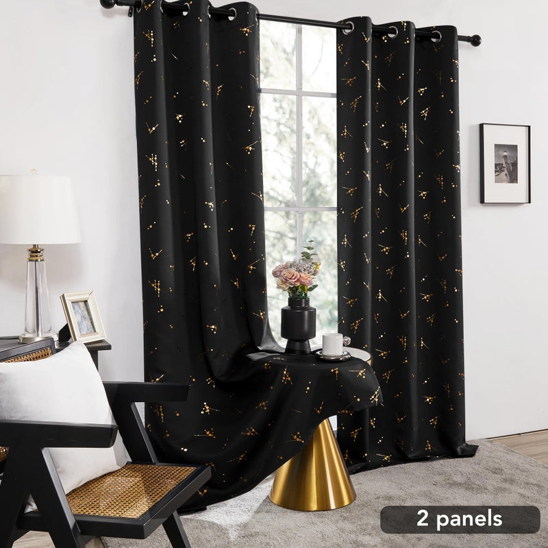Deconovo Blackout Curtains 2 Panels for Bedroom and Living Room, Gold Foil Floral Branch and Dots, Thermal Insulated Room Darkening Grommet Window Drapes for Nursery, Black, 42W x 84L Inch - Image 3